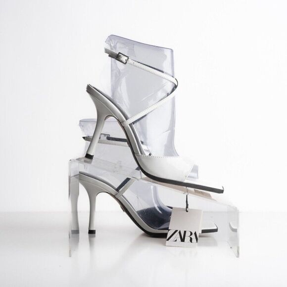Zara Womens White Faux Leather Sandals Heels asymmetric strap US 7.5 EU 38 NWT - Picture 7 of 8
